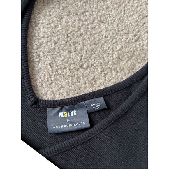 Anthropologie Maeve Puff-Sleeved Top V Neck Short Sleeve Tie Black Blouse - Picture 5 of 9